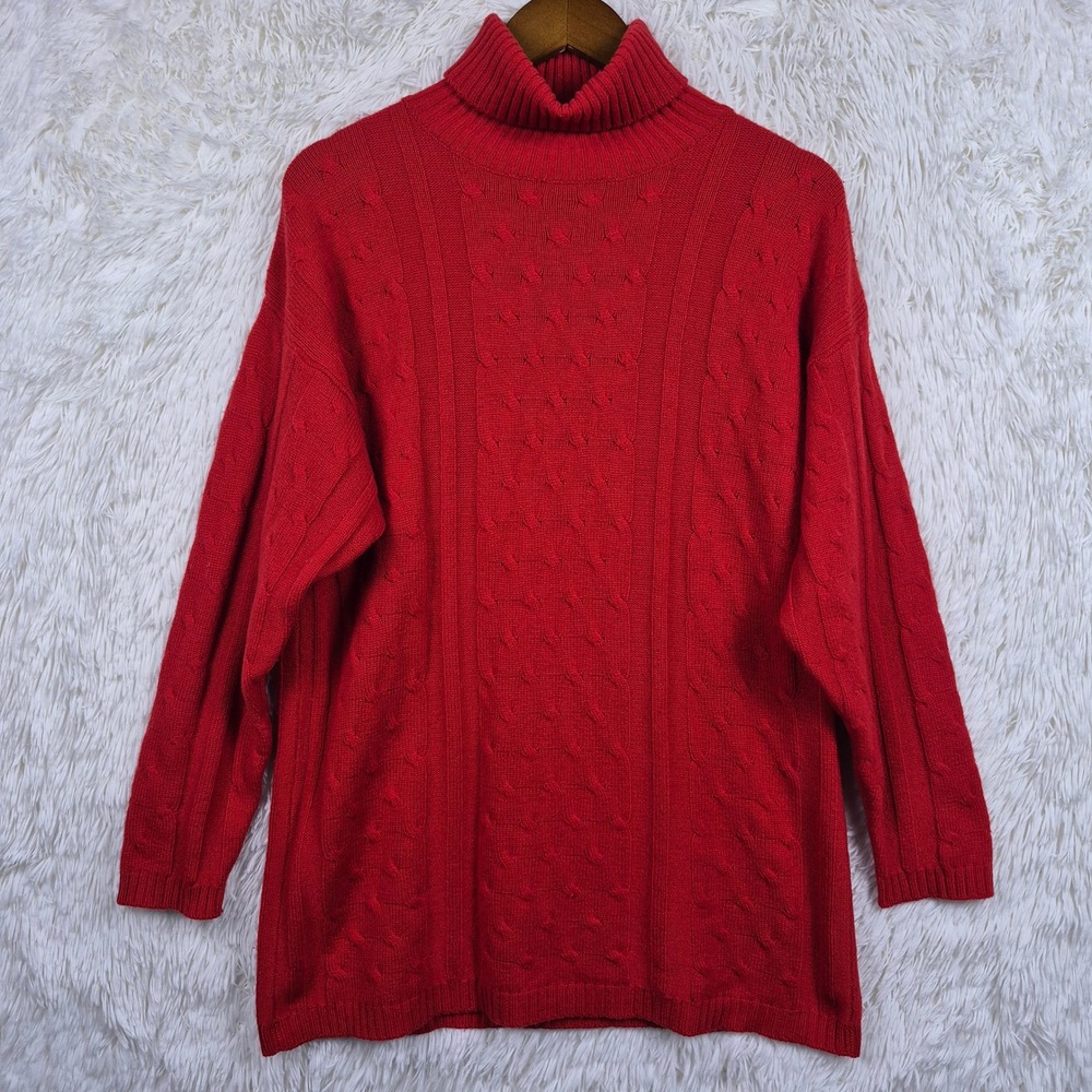 Tesori Red 100% Cashmere Cable Knit Turtleneck Sweater Womens Medium 4-Ply